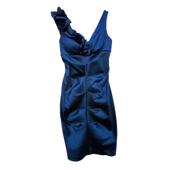 Womens Evening Formal Cocktail Dress Blue Floral Ruched Sleeveless Party Chic - Picture 1 of 11